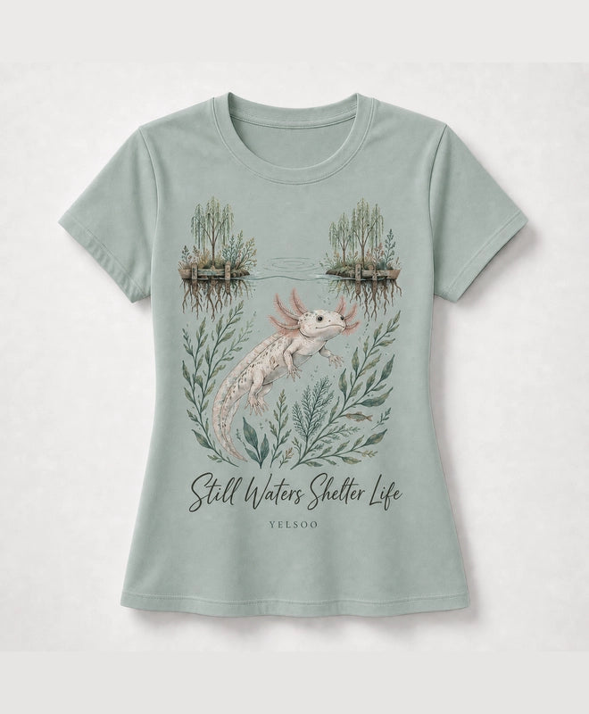 YELSOO women's Still Waters Shelter Life Axolotl Graphic Tee in Soft Teal — main product view