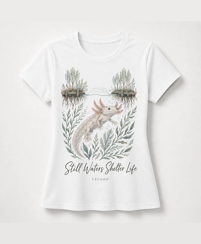 YELSOO women's Still Waters Shelter Life Axolotl Graphic Tee in White — main product view