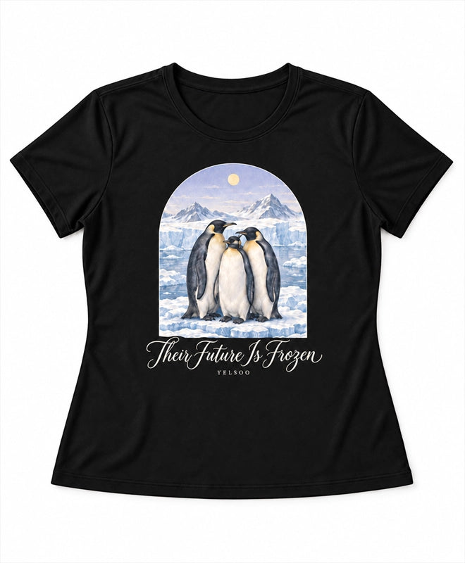 YELSOO women's Their Future is Frozen Emperor Penguin Graphic Tee in Black — main product view