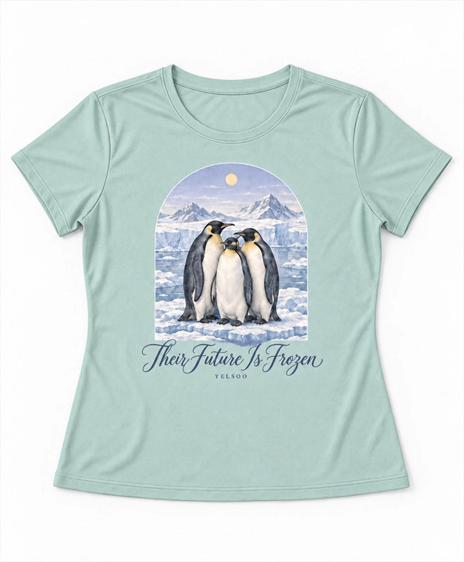 YELSOO women's Their Future is Frozen Emperor Penguin Graphic Tee in Ice Mint — main product view
