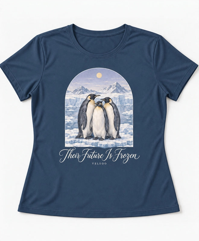 YELSOO women's Their Future is Frozen Emperor Penguin Graphic Tee in Midnight Blue — main product view