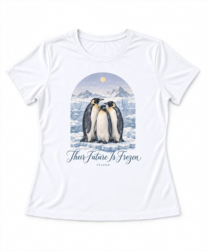 YELSOO women's Their Future is Frozen Emperor Penguin Graphic Tee in White — main product view