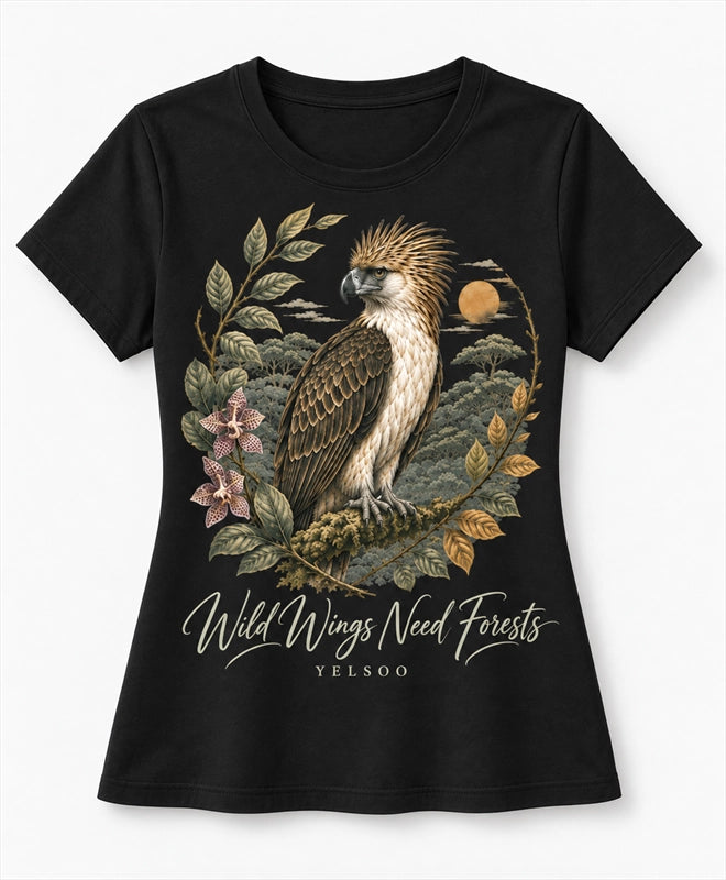 YELSOO women's Wild Wings Need Forests Philippine Eagle Graphic Tee in Black — main product view