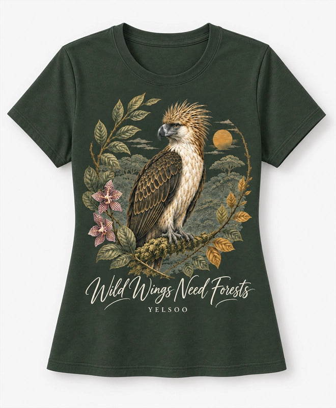 YELSOO women's Wild Wings Need Forests Philippine Eagle Graphic Tee in Forest Green — main product view