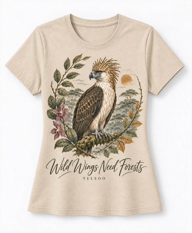 YELSOO women's Wild Wings Need Forests Philippine Eagle Graphic Tee in Sand — main product view
