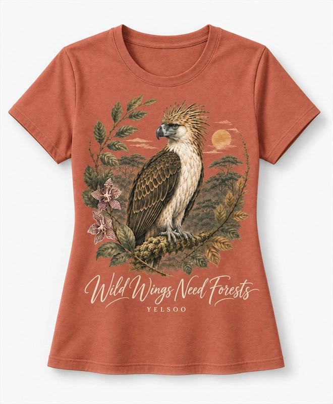 YELSOO women's Wild Wings Need Forests Philippine Eagle Graphic Tee in Terracotta — main product view
