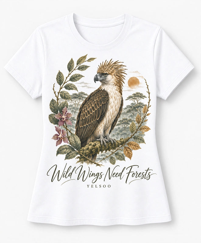 YELSOO women's Wild Wings Need Forests Philippine Eagle Graphic Tee in White — main product view