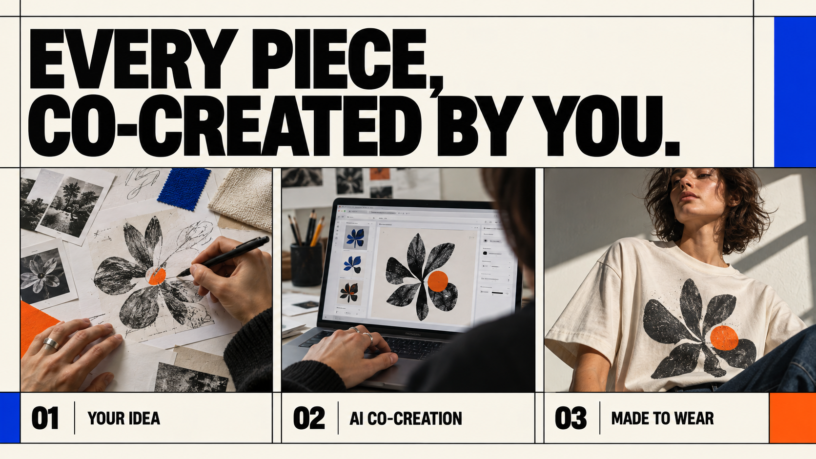 Every piece, co-created by you: your idea, AI co-creation, made to wear.