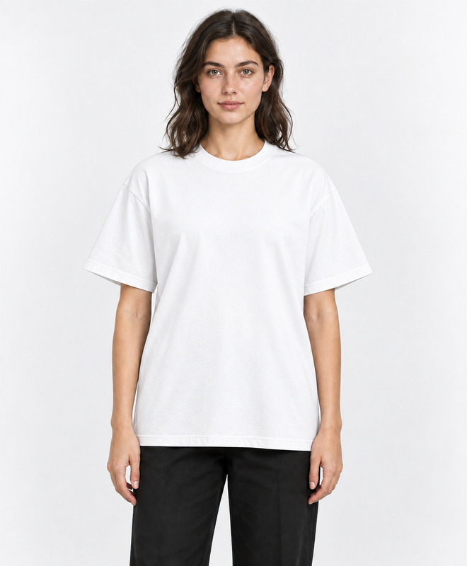 YELSOO Essential Crewneck Tee — White — women's model, front view