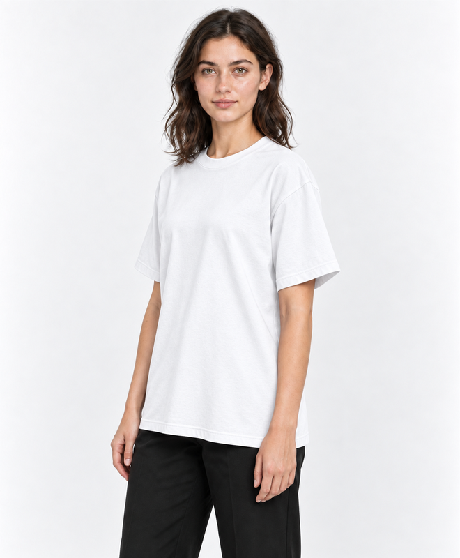 YELSOO Essential Crewneck Tee — White — women's model, three-quarter view