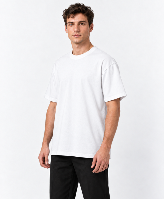 YELSOO Essential Crewneck Tee — White — men's model, three-quarter view