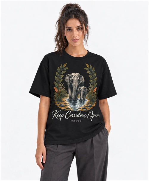 YELSOO men's Big & Tall Keep Corridors Open Asian Elephant Graphic Tee in Black — front model view