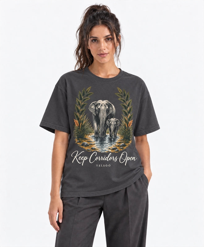 YELSOO men's Big & Tall Keep Corridors Open Asian Elephant Graphic Tee in Charcoal Gray — front model view