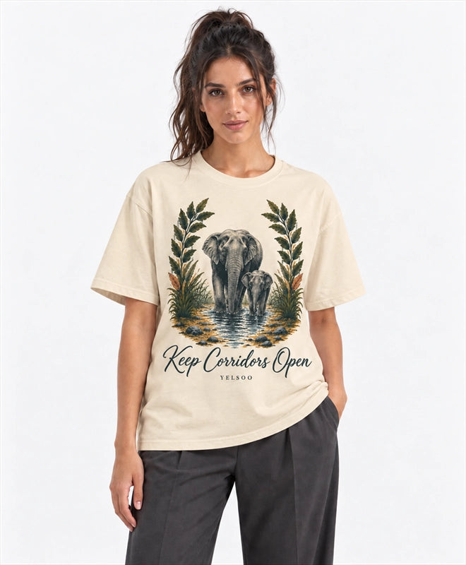 YELSOO men's Big & Tall Keep Corridors Open Asian Elephant Graphic Tee in Sand — front model view