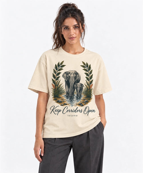 YELSOO men's Big & Tall Keep Corridors Open Asian Elephant Graphic Tee in Sand — front model view