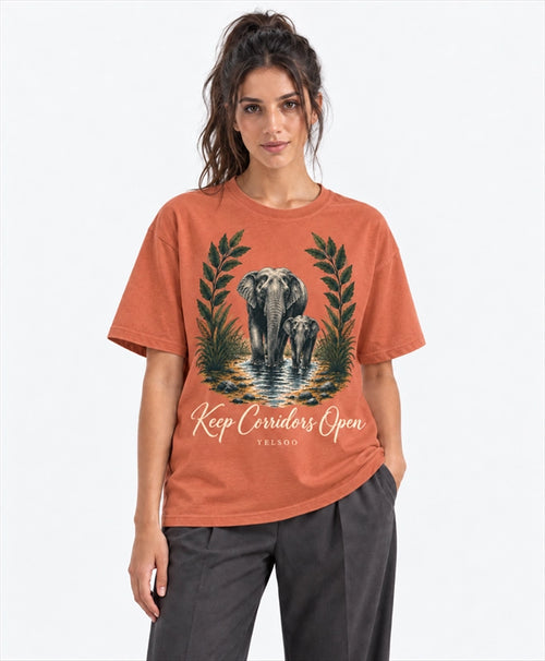 YELSOO men's Big & Tall Keep Corridors Open Asian Elephant Graphic Tee in Terracotta — front model view