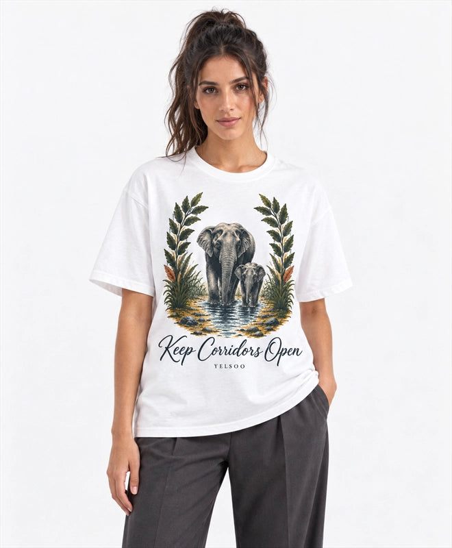 YELSOO men's Big & Tall Keep Corridors Open Asian Elephant Graphic Tee in White — front model view