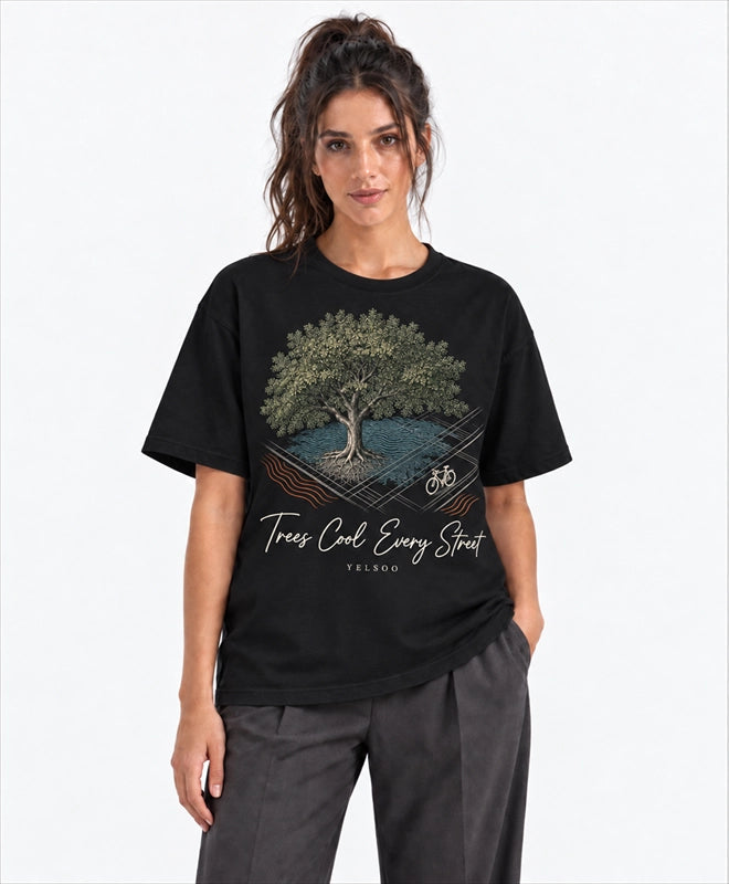 YELSOO men's Big & Tall Trees Cool Every Street Graphic Tee in Black — front model view