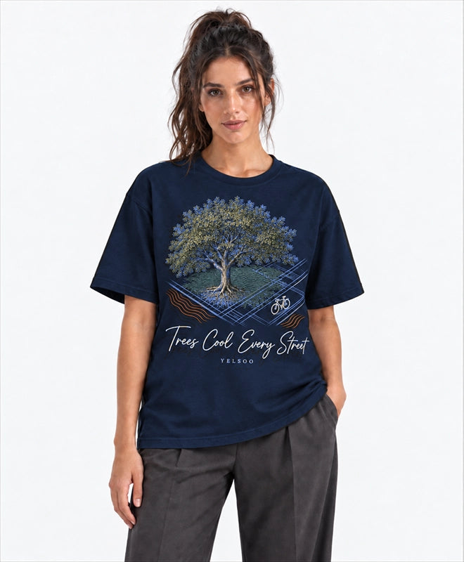 YELSOO men's Big & Tall Trees Cool Every Street Graphic Tee in Navy — front model view