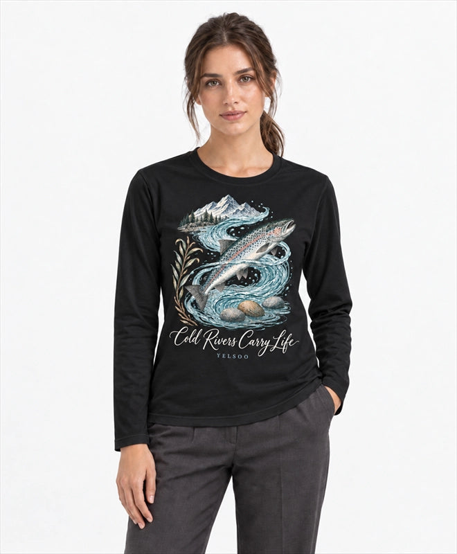 YELSOO men's Cold Rivers Carry Life Atlantic Salmon Long Sleeve Fishing Shirt in Black — front model view