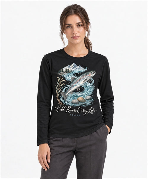 YELSOO men's Cold Rivers Carry Life Atlantic Salmon Long Sleeve Fishing Shirt in Black — front model view