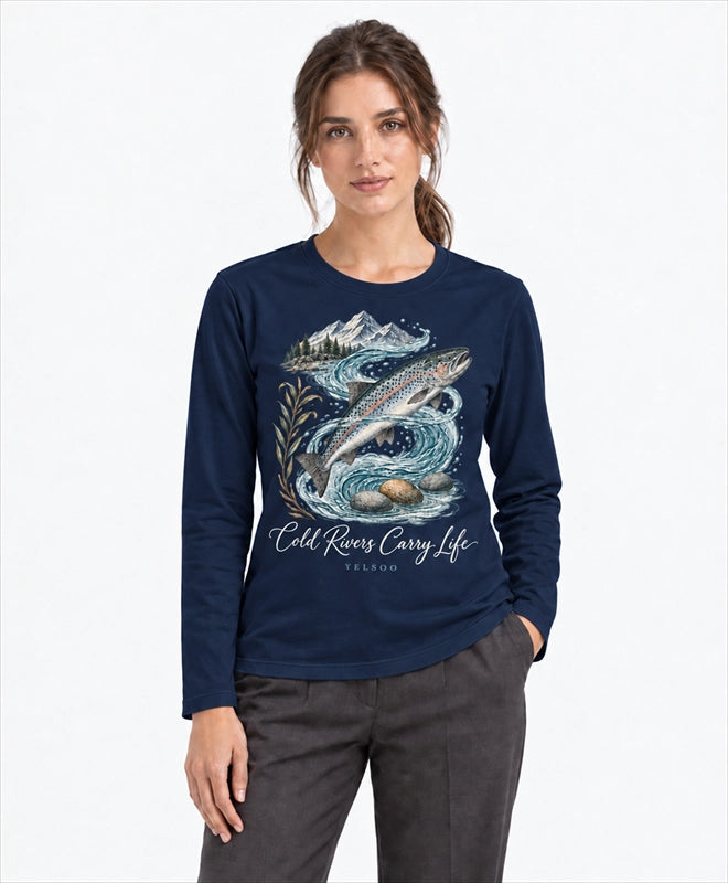 YELSOO men's Cold Rivers Carry Life Atlantic Salmon Long Sleeve Fishing Shirt in Navy — front model view