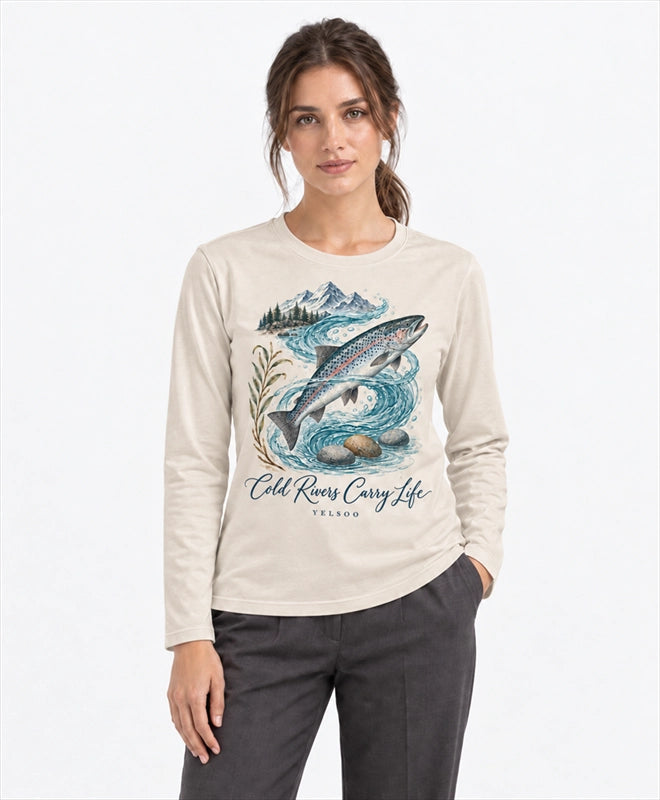 YELSOO men's Cold Rivers Carry Life Atlantic Salmon Long Sleeve Fishing Shirt in Sand — front model view