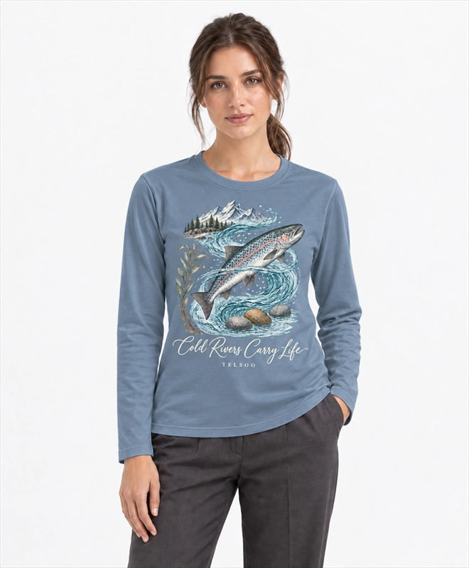 YELSOO men's Cold Rivers Carry Life Atlantic Salmon Long Sleeve Fishing Shirt in Slate Blue — front model view