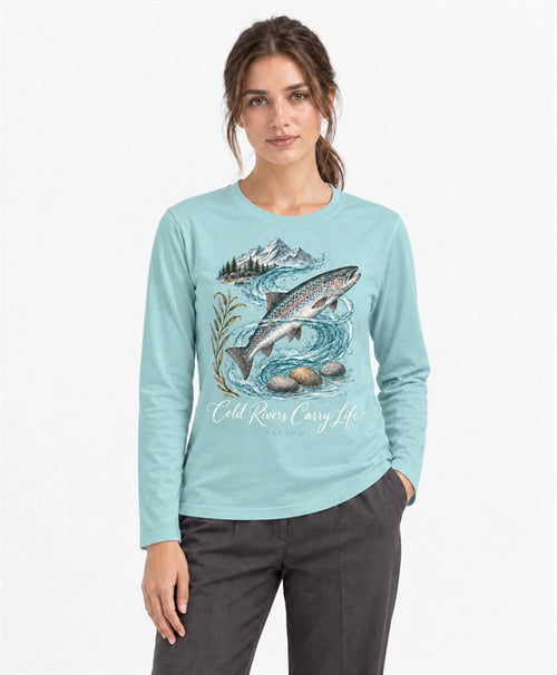YELSOO men's Cold Rivers Carry Life Atlantic Salmon Long Sleeve Fishing Shirt in Soft Teal — front model view