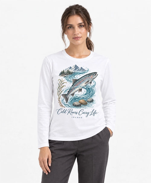 YELSOO men's Cold Rivers Carry Life Atlantic Salmon Long Sleeve Fishing Shirt in White — front model view