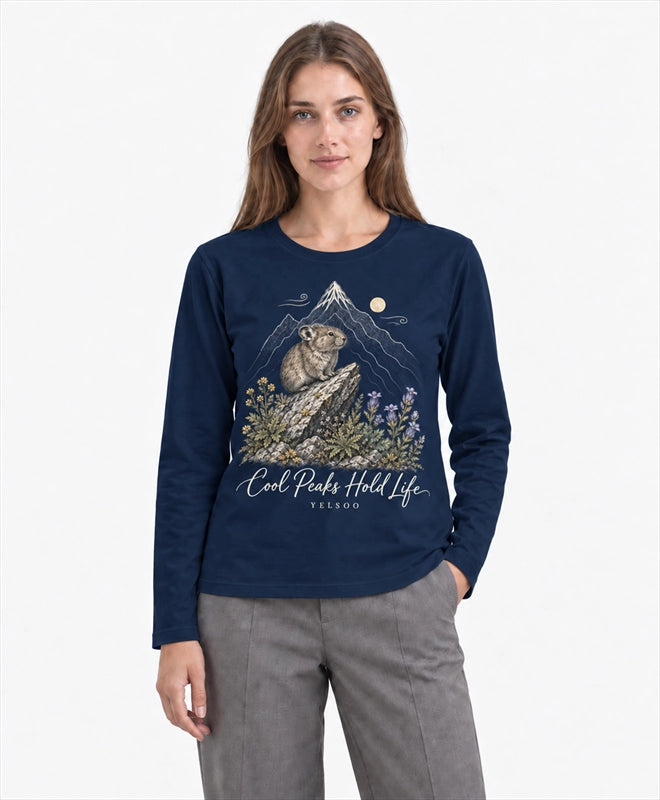YELSOO men's Cool Peaks Hold Life Alpine Pika Long Sleeve Fishing Shirt in Navy — front model view