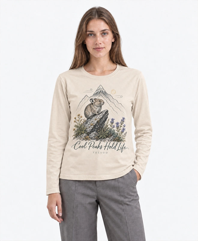 YELSOO men's Cool Peaks Hold Life Alpine Pika Long Sleeve Fishing Shirt in Sand — front model view