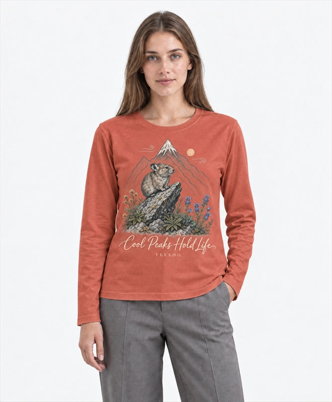 YELSOO men's Cool Peaks Hold Life Alpine Pika Long Sleeve Fishing Shirt in Terracotta — front model view