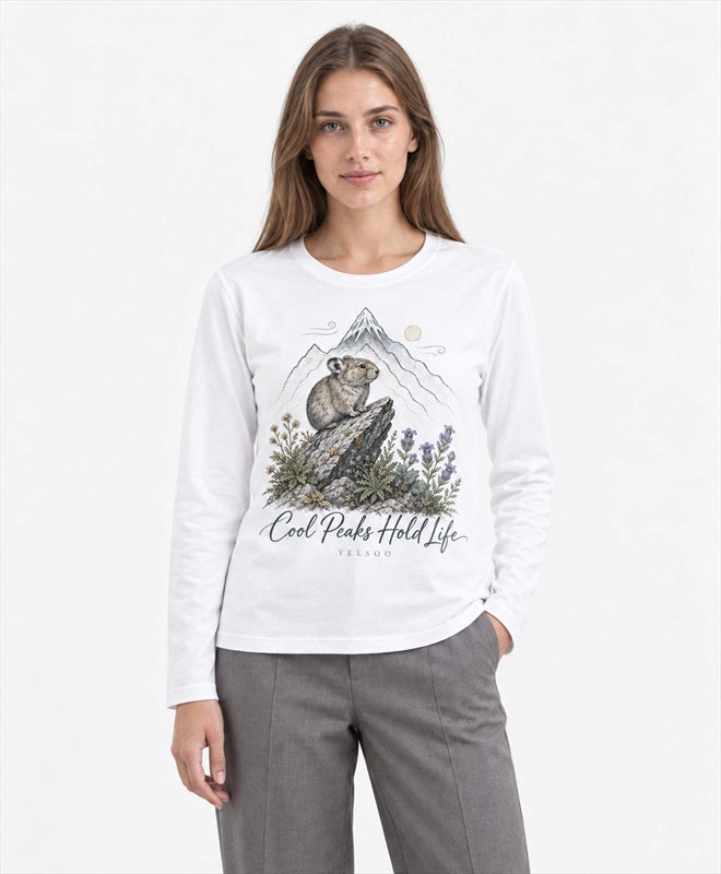 YELSOO men's Cool Peaks Hold Life Alpine Pika Long Sleeve Fishing Shirt in White — front model view