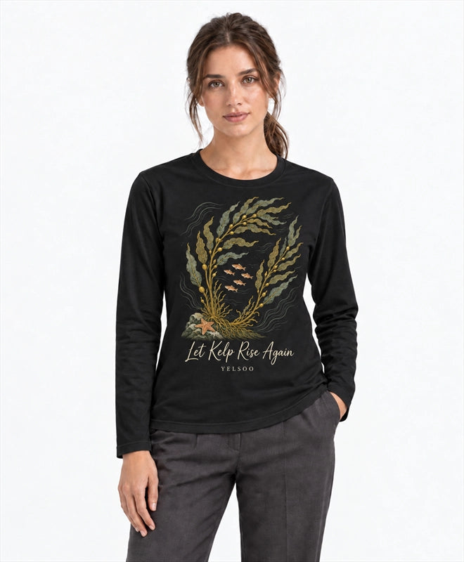 YELSOO men's Let Kelp Rise Again Kelp Forest Long Sleeve Fishing Shirt in Black — front model view