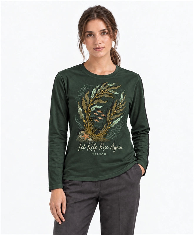 YELSOO men's Let Kelp Rise Again Kelp Forest Long Sleeve Fishing Shirt in Forest Green — front model view