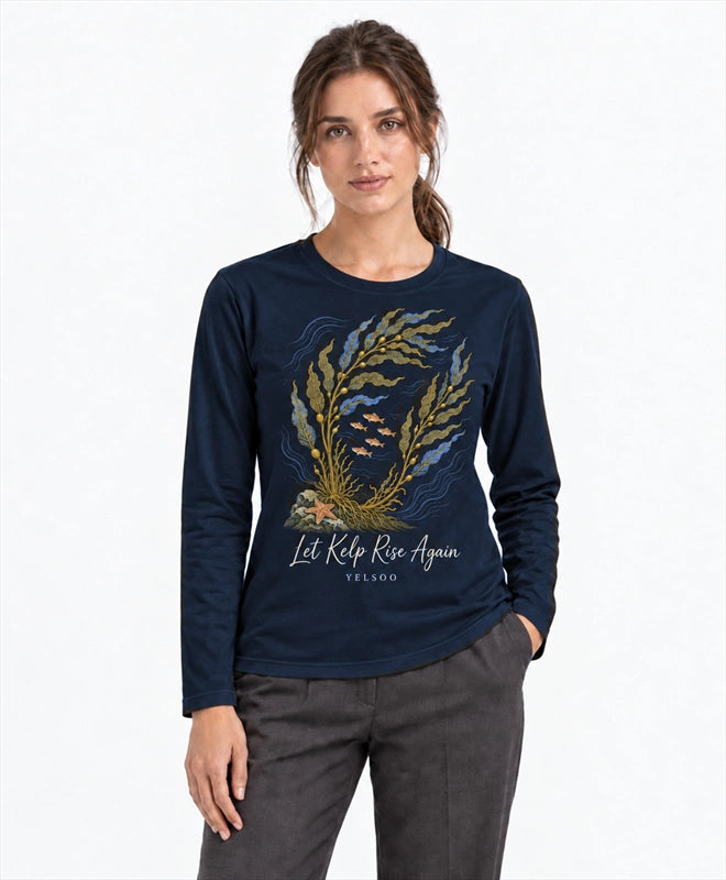 YELSOO men's Let Kelp Rise Again Kelp Forest Long Sleeve Fishing Shirt in Navy — front model view