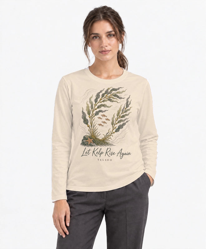 YELSOO men's Let Kelp Rise Again Kelp Forest Long Sleeve Fishing Shirt in Sand — front model view