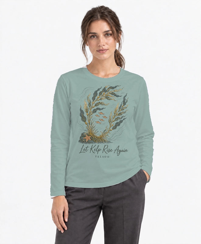 YELSOO men's Let Kelp Rise Again Kelp Forest Long Sleeve Fishing Shirt in Soft Teal — front model view