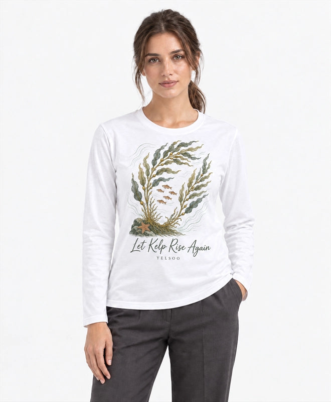 YELSOO men's Let Kelp Rise Again Kelp Forest Long Sleeve Fishing Shirt in White — front model view
