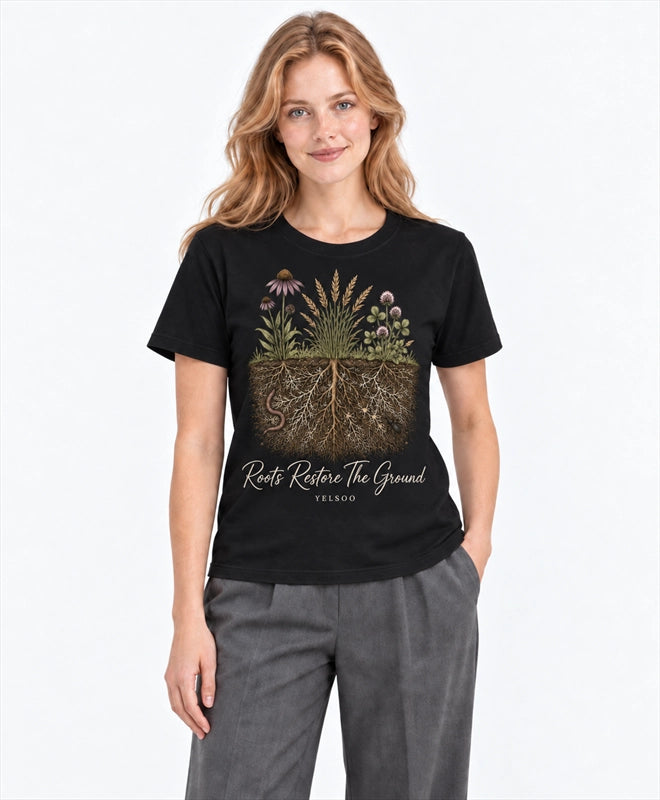 YELSOO men's Roots Restore the Ground Graphic Tee in Black — front model view