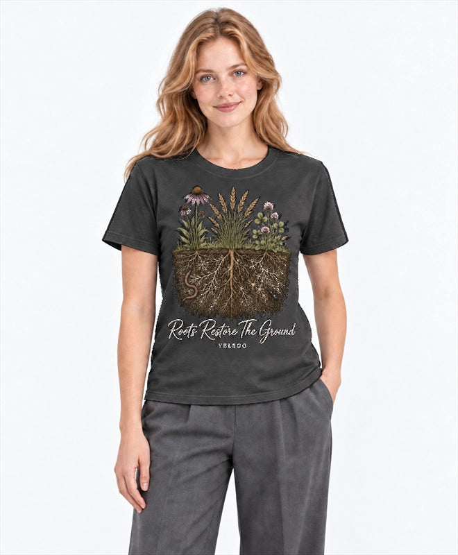YELSOO men's Roots Restore the Ground Graphic Tee in Charcoal Gray — front model view