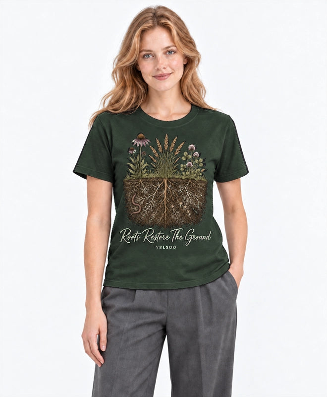 YELSOO men's Roots Restore the Ground Graphic Tee in Forest Green — front model view
