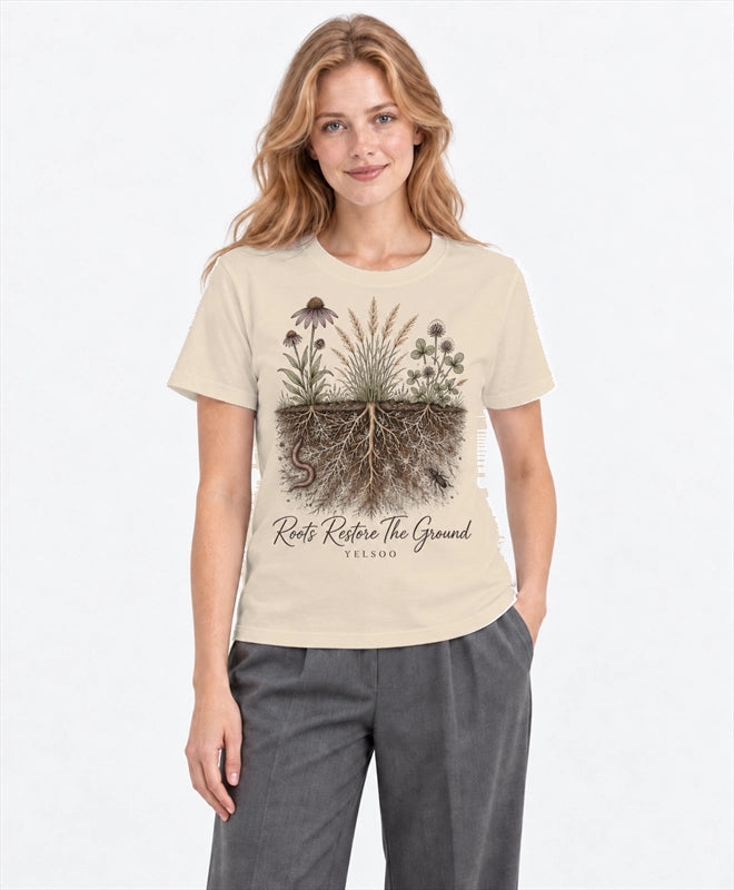 YELSOO men's Roots Restore the Ground Graphic Tee in Sand — front model view