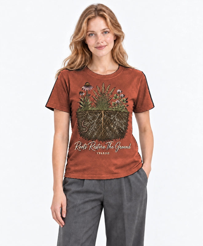 YELSOO men's Roots Restore the Ground Graphic Tee in Terracotta — front model view