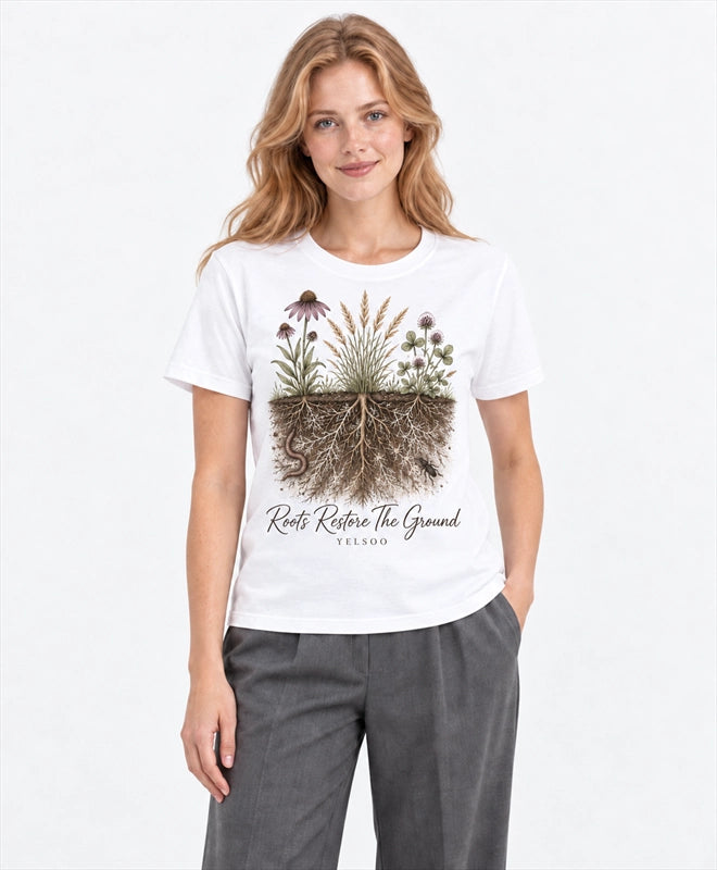 YELSOO men's Roots Restore the Ground Graphic Tee in White — front model view