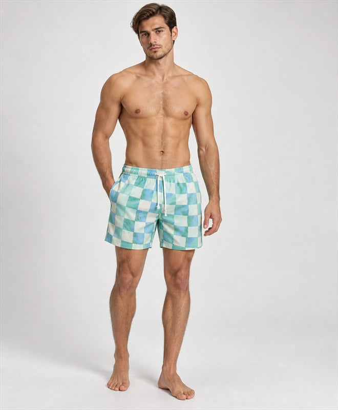YELSOO men's Sea Glass Checkerboard Mesh Shorts — front model view