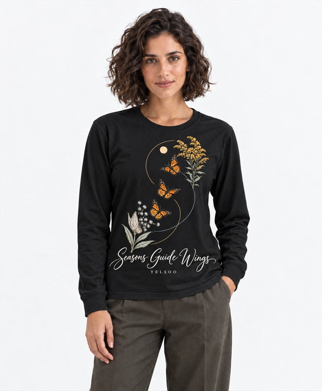 YELSOO men's Seasons Guide Wings Monarch Butterfly Long Sleeve Fishing Shirt in Black — front model view