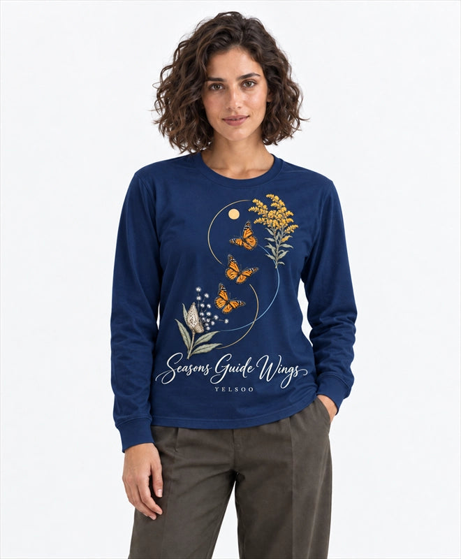 YELSOO men's Seasons Guide Wings Monarch Butterfly Long Sleeve Fishing Shirt in Navy — front model view