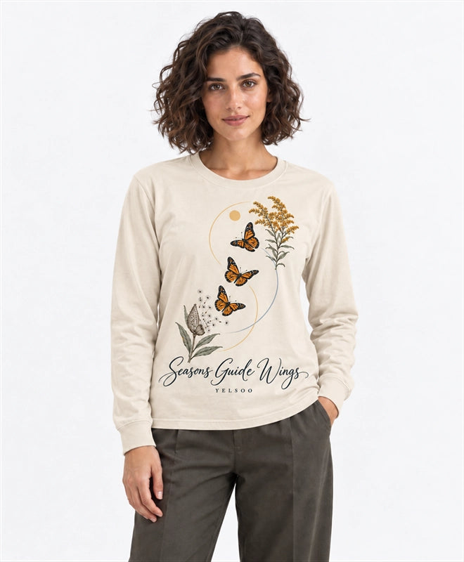 YELSOO men's Seasons Guide Wings Monarch Butterfly Long Sleeve Fishing Shirt in Sand — front model view